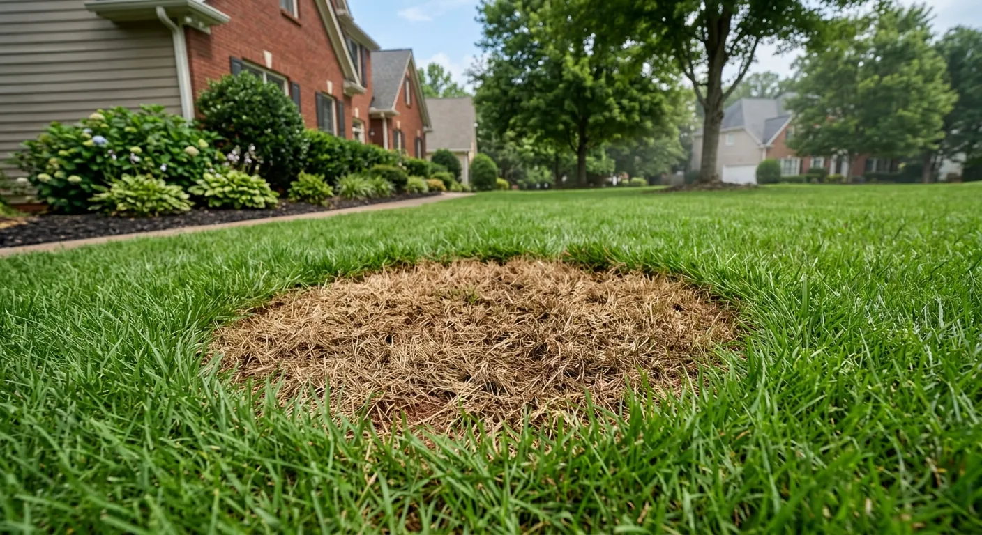 Brown patch fungus circular dead spots on a tall fescue lawn in Snellville, GA